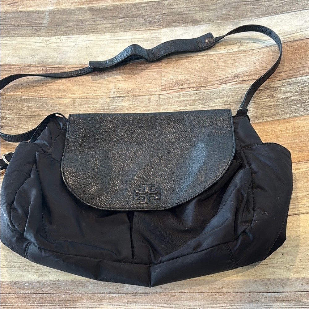 Tory Burch Thea Nylon/Pebbled Leather Messenger Diaper Bag $395